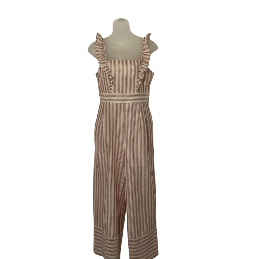 &merci Elegant Striped Ruffle Jumpsuit - Cream and Burgundy